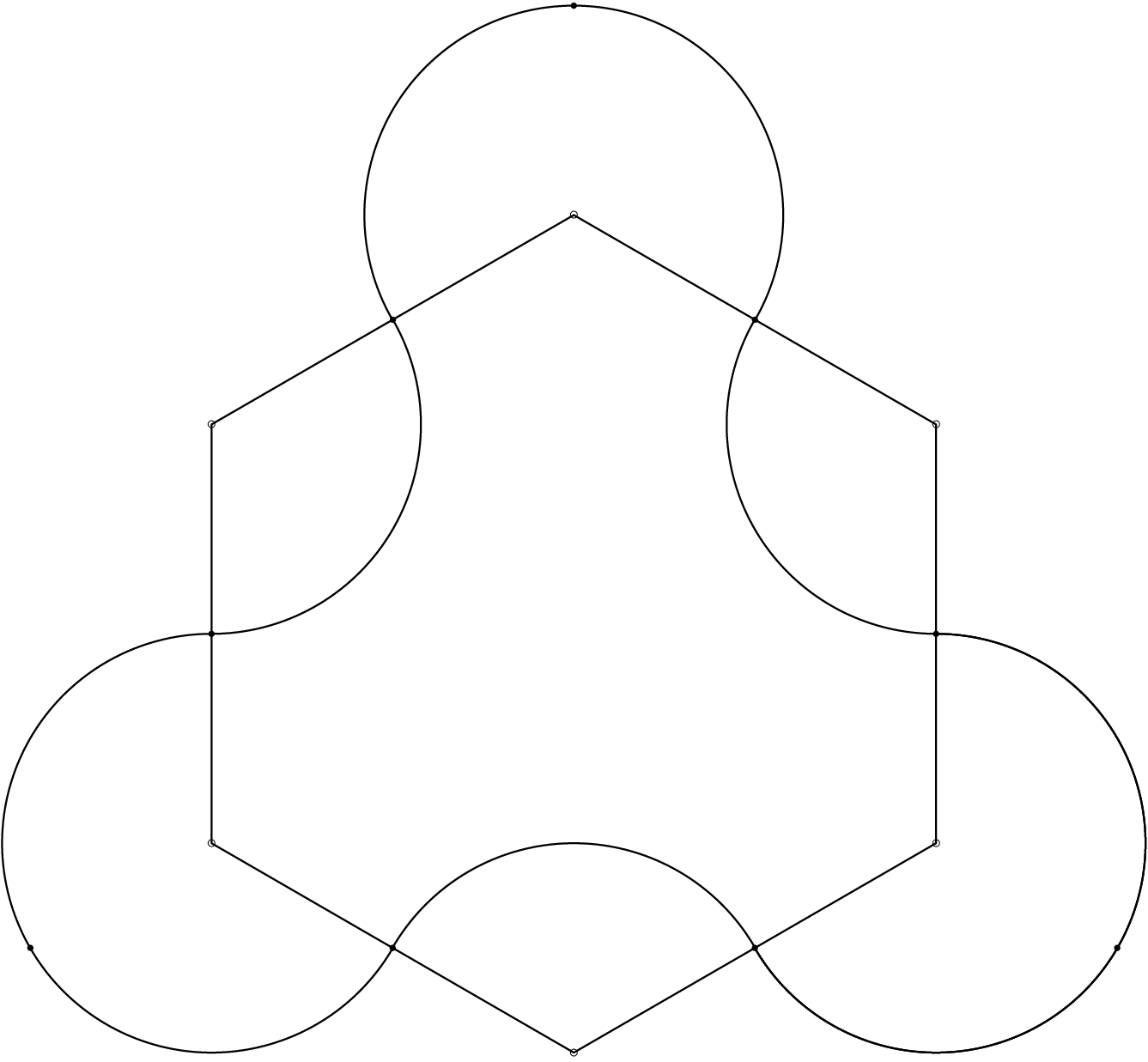 [asy] defaultpen(fontsize(6pt)); dotfactor=4; label("$\circ$",(0,1)); label("$\circ$",(0.865,0.5)); label("$\circ$",(-0.865,0.5)); label("$\circ$",(0.865,-0.5)); label("$\circ$",(-0.865,-0.5)); label("$\circ$",(0,-1)); dot((0,1.5)); dot((-0.432,0.75)); dot((0.4325,0.75)); dot((-0.4325,-0.75)); dot((0.4325,-0.75)); dot((-0.865,0)); dot((0.865,0)); dot((-1.2975,-0.75)); dot((1.2975,-0.75)); draw(Arc((0,1),0.5,210,-30)); draw(Arc((0.865,0.5),0.5,150,270)); draw(Arc((0.865,-0.5),0.5,90,-150)); draw(Arc((0.865,-0.5),0.5,90,-150)); draw(Arc((0,-1),0.5,30,150)); draw(Arc((-0.865,-0.5),0.5,330,90)); draw(Arc((-0.865,0.5),0.5,-90,30)); draw((0,1)--(0.865, 0.5)--(0.865,-0.5)--(0,-1)--(-0.865,-0.5)--(-0.865,0.5)--(0,1)); [/asy]