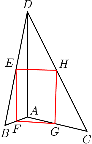 [asy] import three; draw((0,0,0)--(1,0,0)--(0,0,3)--cycle); draw((0,0,0)--(0,2,0)); draw((0,2,0)--(0,0,3)); //EFGH draw((0.5,0,1.5)--(0.5,0,0)--(0,1,0)--(0,1,1.5)--(0.5,0,1.5),red); //Points label("$E$",(0.5,0,1.5),NW); label("$F$",(0.5,0,0),S); label("$G$",(0,1,0),S); label("$H$",(0,1,1.5),NE); label("$A$",(0,0,0),NE); label("$B$",(1,0,0),S); label("$C$",(0,2,0),S); label("$D$",(0,0,3),N); [/asy]