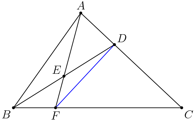 [asy] unitsize(2cm); pair A,B,C,DD,EE,FF; B = (0,0); C = (3,0);  A = (1.2,1.7); DD = (2/3)*A+(1/3)*C; EE = (B+DD)/2; FF = intersectionpoint(B--C,A--A+2*(EE-A)); draw(A--B--C--cycle); draw(A--FF);  draw(DD--FF,blue); draw(B--DD);dot(A);  label("$A$",A,N); dot(B);  label("$B$", B,SW);dot(C);  label("$C$",C,SE); dot(DD);  label("$D$",DD,NE); dot(EE);  label("$E$",EE,NW); dot(FF);  label("$F$",FF,S); [/asy]