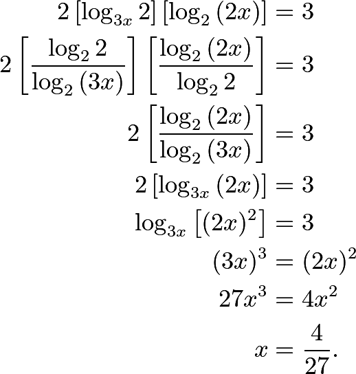 \begin{align*} 2\left[\log_{3x}2\right]\left[\log_2{(2x)}\right] &= 3 \\ 2\left[\frac{\log_2 2}{\log_2{(3x)}}\right]\left[\frac{\log_2{(2x)}}{\log_2 2}\right] &= 3 \\ 2\left[\frac{\log_2{(2x)}}{\log_2{(3x)}}\right] &=3 \\ 2\left[\log_{3x}{(2x)}\right] &= 3 \\ \log_{3x}{\left[(2x)^2\right]} &= 3 \\ (3x)^3&=(2x)^2 \\ 27x^3&=4x^2 \\ x&=\frac{4}{27}. \end{align*}