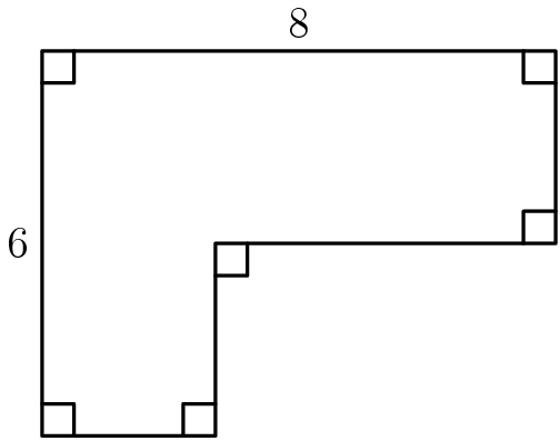 [asy] draw((0,0)--(0,6)--(8,6)--(8,3)--(2.7,3)--(2.7,0)--cycle); label("$6$",(0,3),W); label("$8$",(4,6),N); draw((0.5,0)--(0.5,0.5)--(0,0.5)); draw((0.5,6)--(0.5,5.5)--(0,5.5)); draw((7.5,6)--(7.5,5.5)--(8,5.5)); draw((7.5,3)--(7.5,3.5)--(8,3.5)); draw((2.2,0)--(2.2,0.5)--(2.7,0.5)); draw((2.7,2.5)--(3.2,2.5)--(3.2,3)); [/asy]