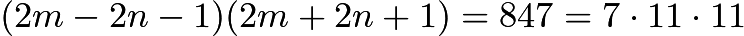 $(2m-2n-1)(2m+2n+1)=847=7\cdot11\cdot11$